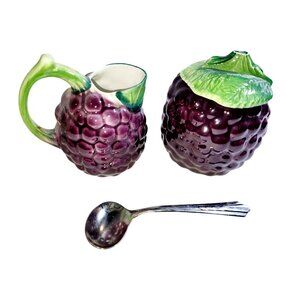 Vintage Bresolin Creamer Sugar and Spoon Hand Painted Grape Bunch Italian Majoli